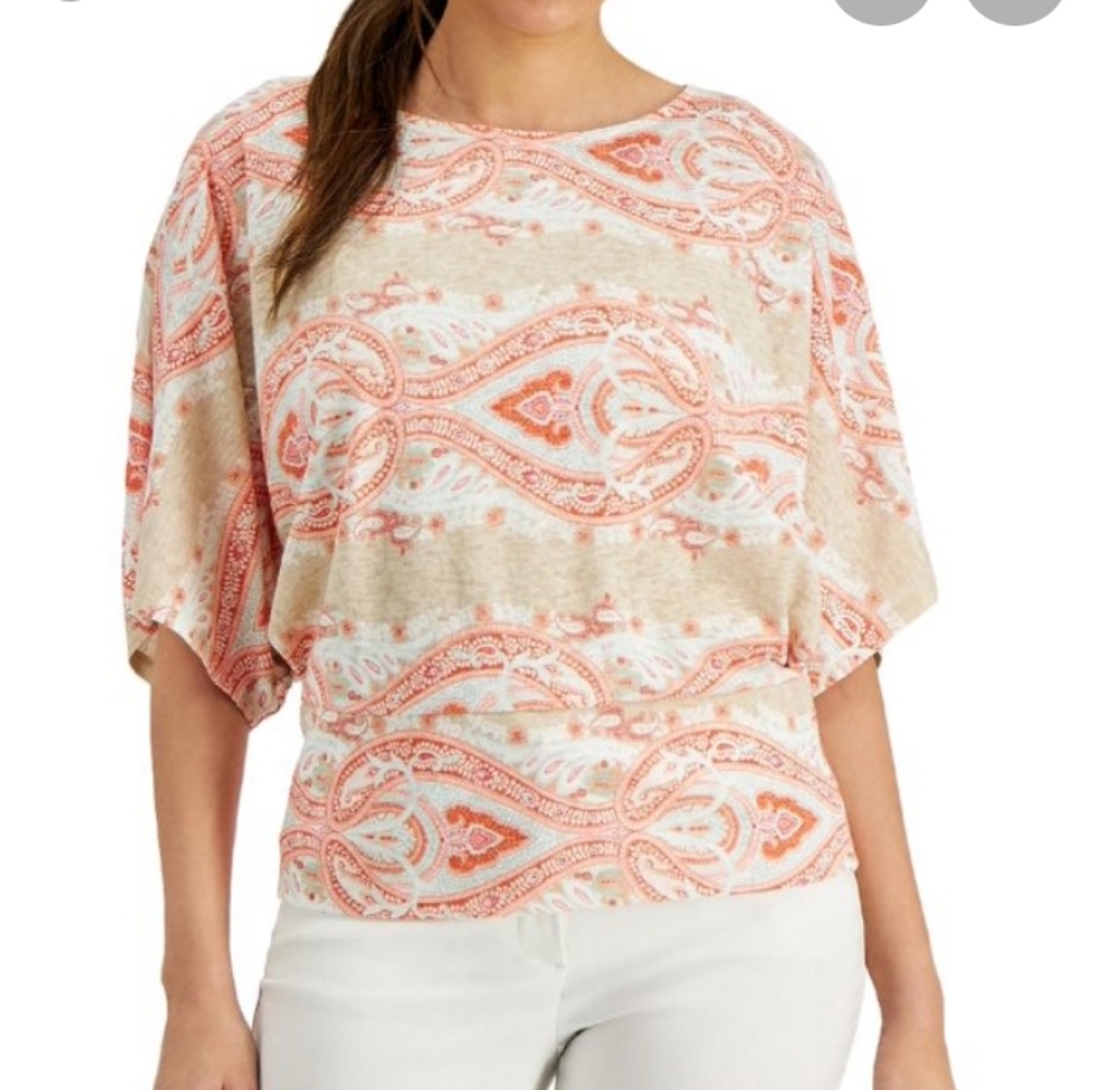 JM COLLECTION Blouse Size XL Paisley Print Orange White All in One Sleeve